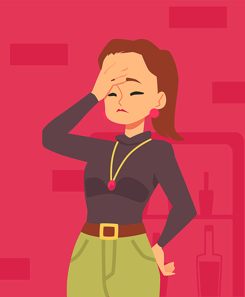 Upset disappointed business woman cartoon character, flat vector illustration. Confused and pained young woman portrait having sudden problem or fail.