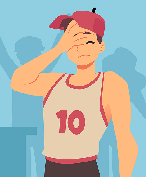 Sportsman has failed in competition in flat style vector illustration isolated on white background. Male cartoon character in sportswear is frustrated, upset, saddened by loss, has negative emoshions.