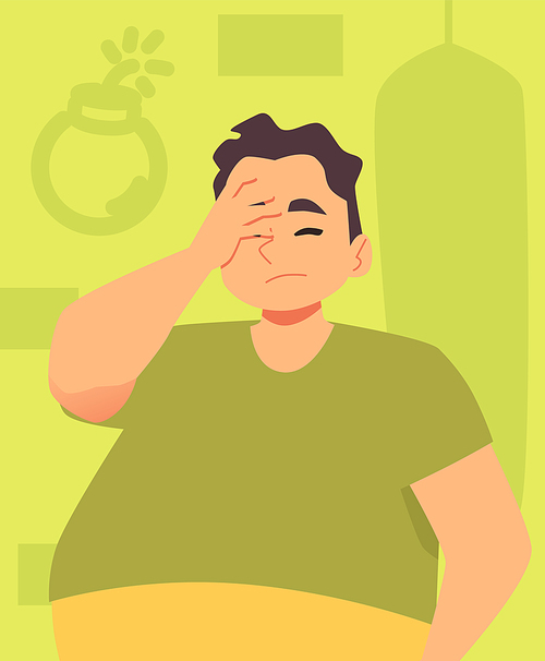 Upset frustrated overweight man feeling anxiety and despair, flat cartoon vector illustration. Man confused or disappointed of fail, mistake or misfortune.