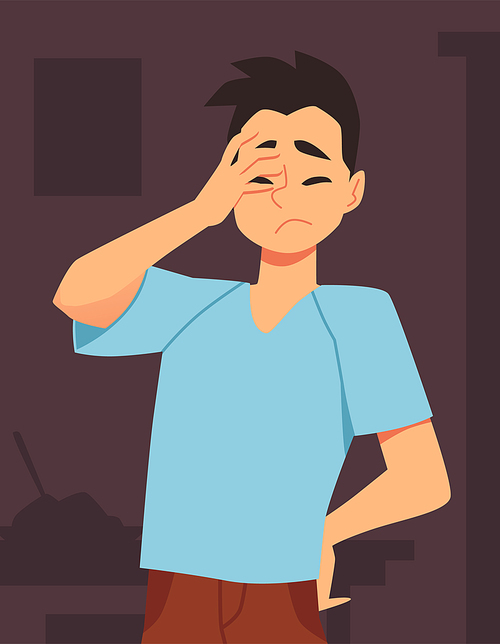 Banner with young man suffering of failure and disappointment, flat vector illustration. Disappointment stressed man cartoon character at interior background.