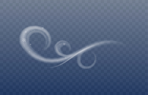 Fancy curve of frozen wind or smoke blow, realistic vector illustration isolated on transparent background. White smoke or freezing breath curved stream.