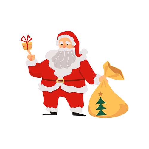 Santa Claus male cartoon character carrying sack full of gifts, flat vector illustration isolated on white background. Traditional Christmas Santa personage.