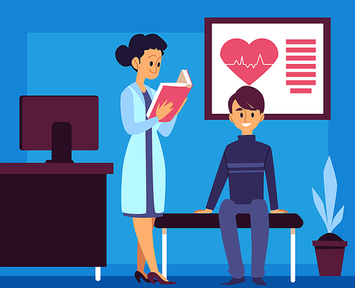 Hospital room - cartoon doctor and patient in a clinic office for medical appointment, cardiology nurse reading a book and man client sitting and waiting. Flat vector illustration.