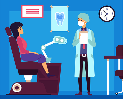 Medical stuff dentist specialist working in diagnostic cabinet the flat vector illustration. Stomatology healthcare clinic room's interior with a patient and a doctor.