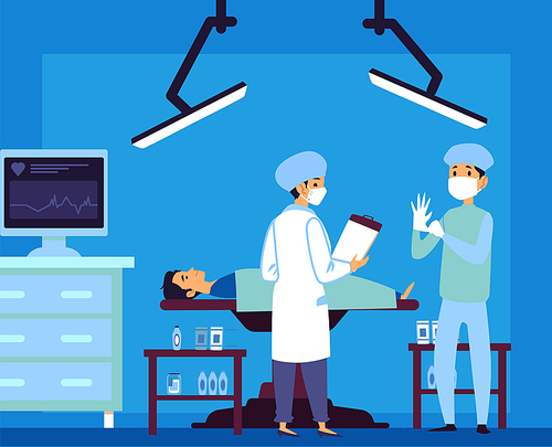 Surgery room - cartoon surgeon doctors operating a man lying on table. Blue interior of cardiology hospital with medical equipment, flat cartoon characters vector illustration