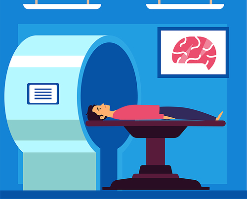 MRT or magnetic resonance tomography the modern medicine exam flat vector concept illustration. MRI procedure - a patient in the scanner in a medical office or laboratory.