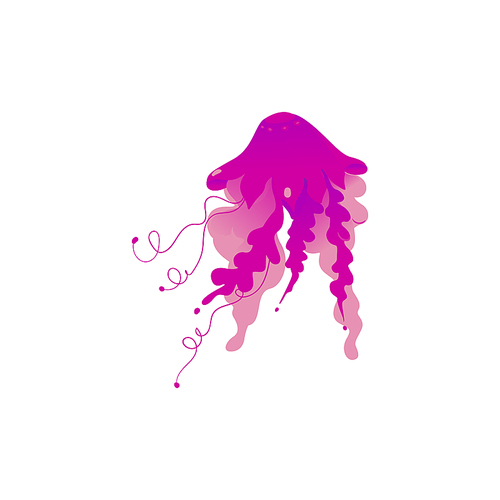 Purple pink jellyfish drawing isolated on white background - elegant marine sea animal with long beautiful tentacles and gradient texture - vector illustration.