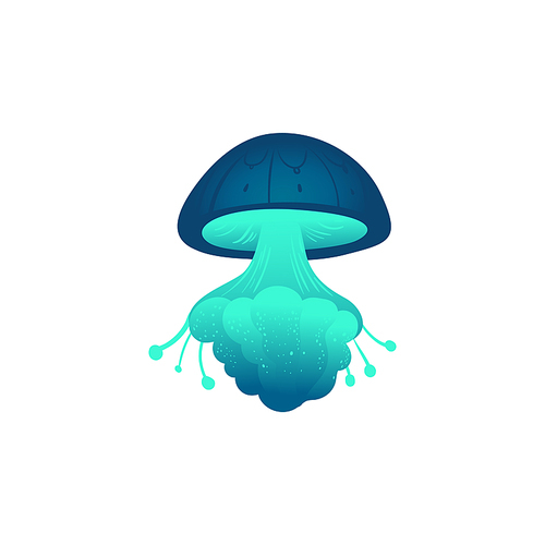 Glowing cartoon jellyfish isolated on white background - blue and green hand drawn sea animal with tentacles and mushroom shape, colorful vector illustration