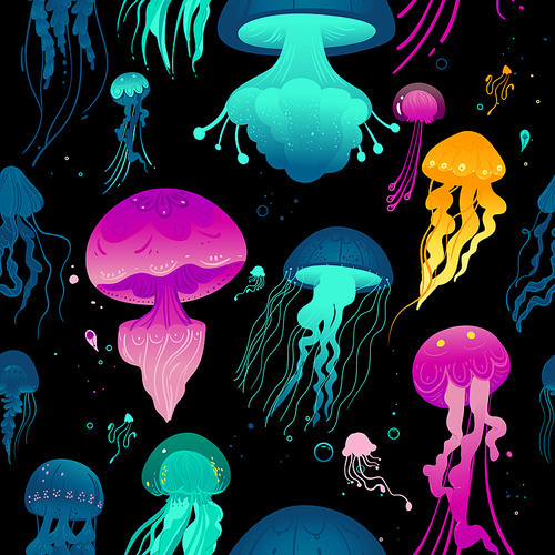 Glowing colorful jellyfish on black background - seamless pattern. Hand drawn cartoon underwater sea creatures with long flowing tentacles - vector illustration