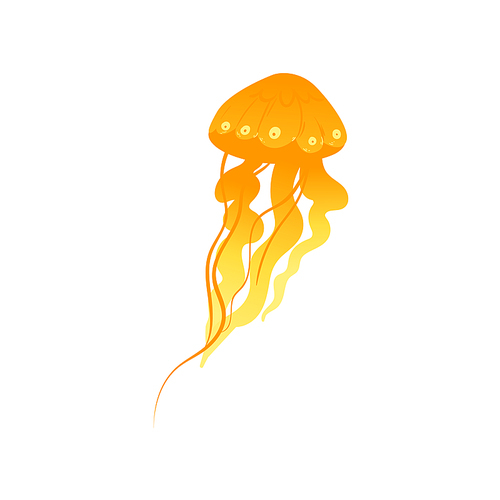 Glowing yellow jellyfish drawing - colorful hand drawn sea animal with shiny gradient texture and long tentacles. Isolated vector illustration on white background.