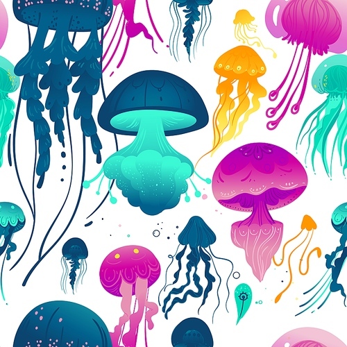 Glowing jellyfish seamless pattern - colorful sea creatures swimming underwater with hand drawn cartoon texture, ornate medusa animals background vector illustration