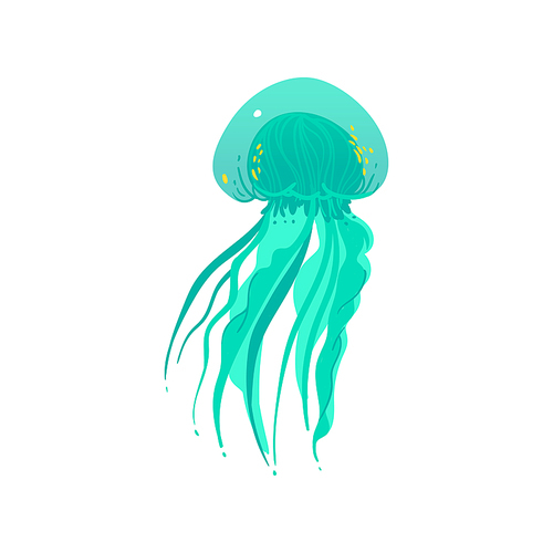 Teal green jellyfish drawing with long tentacles and transparent hand drawn texture isolated on white background - colorful sea animal vector illustration