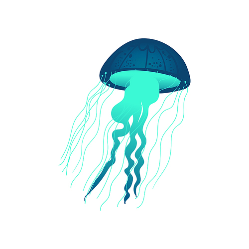 Blue and green hand drawn jellyfish with glowing texture and ornate pattern decoration - colorful sea creature with tentacles isolated on white background. Vector illustration.