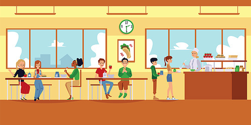 School cafeteria interior with cartoon children eating food and lunch lady pouring soup with ladle for people in queue - modern canteen scene. Flat vector illustration