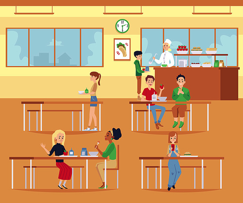 Flat school cafeteria room interior with children sitting eating lunch at tables and lunch lady serving food behind the counter - cartoon vector illustration