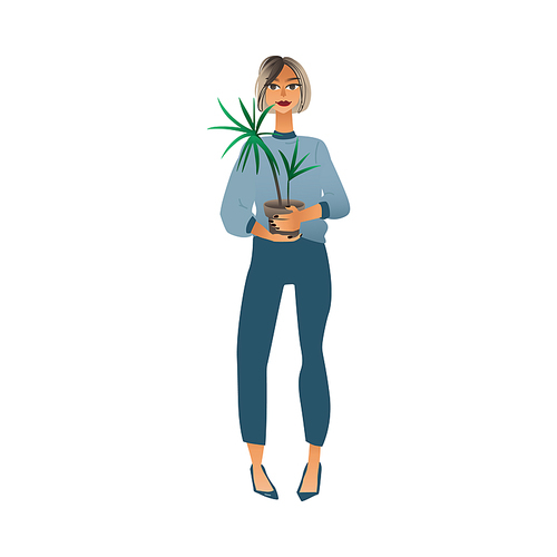 Young woman in pants and sweater stands and holds a flower or plant in a pot. The concept of relocation or moving, woman with flower in a pot, isolated flat cartoon vector illustration.