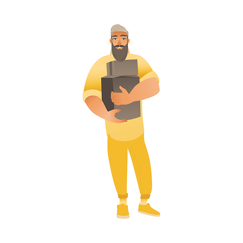 Bearded man in pants and sweater smiles, holds and carries cardboard boxes. The concept of relocation, moving or delivery with man. Isolated vector flat cartoon illustration.