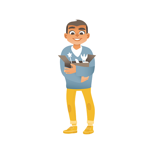 A boy in jeans, sweaters and sneakers holds a box with children toys. A little boy cleans up in a room, getting ready to move and relocation or doing charity with donations. Vector illustration.