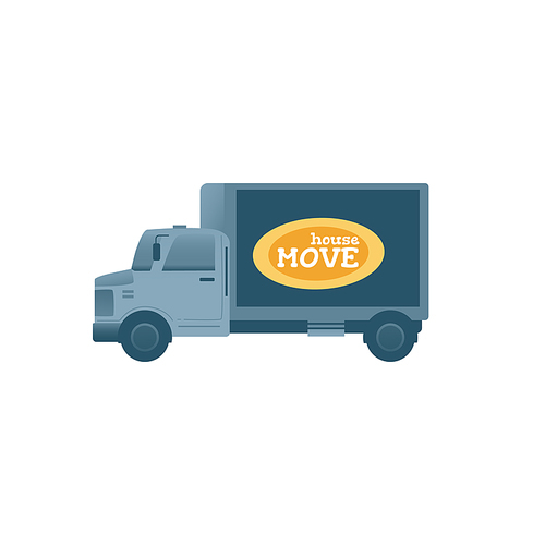 House relocation and transportation car or van truck flat vector illustration isolated on white background. Vehicle for housewarming and delivery of cargo to a new home.