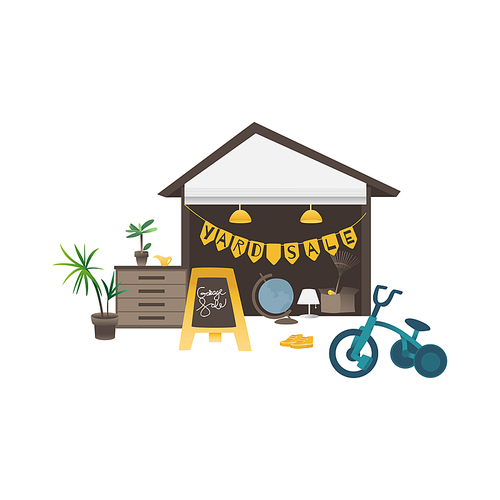 Yard or garage sale banner with assorted household and sport items flat vector illustration isolated on white background. Old goods and second hand things out of storage.
