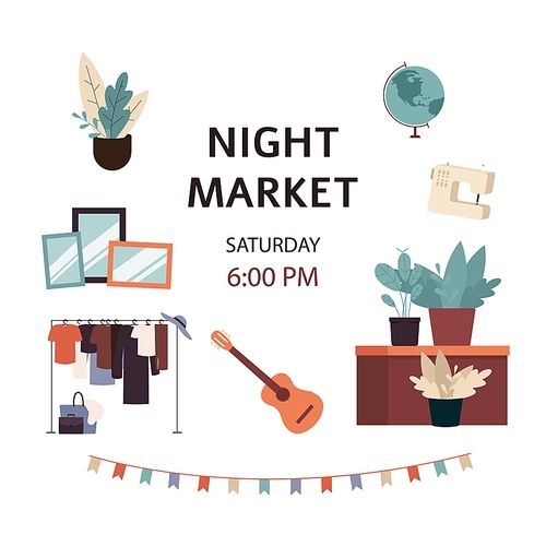 Night market - second hand street shop poster ad, isolated text template with furniture and house plants on white background, cartoon flat vector illustration