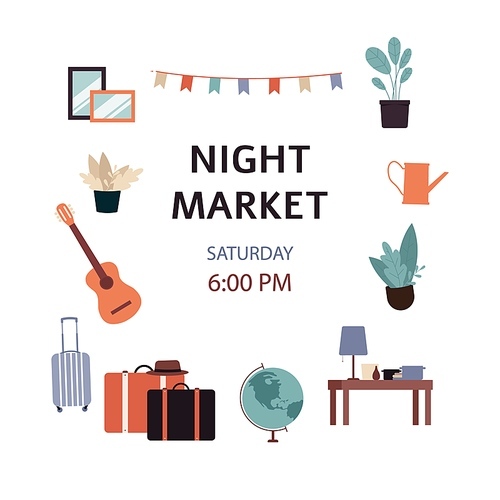 Night market - second hand street shop poster ad, isolated text template with furniture and house plants on white background, cartoon flat vector illustration