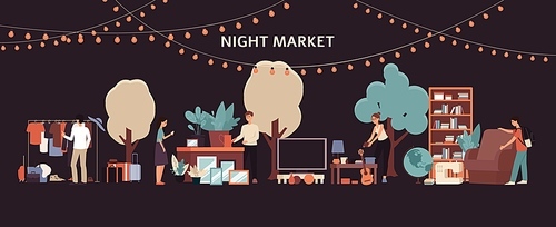 Night market - people buying furniture and clothes at flea garage sale in city park street in the dark under fairy lights, urban town pop up retail store - flat isolated vector illustration