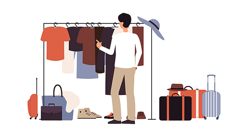 Second hand shop or flea market scene with a man choosing clothes the cartoon flat vector illustration isolated on white background. Street or garage sale banner concept.