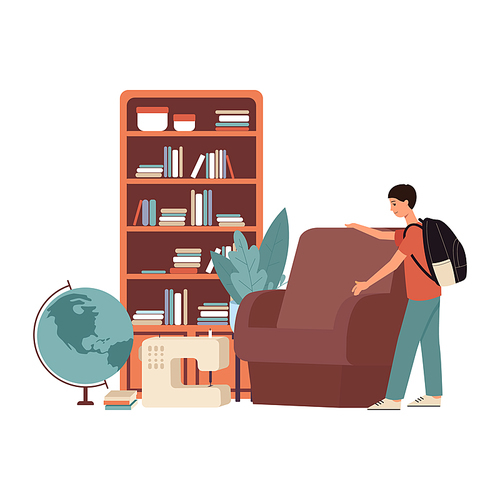 Cartoon man at flea market garage sale picking a brown chair, student boy buying or selling old second hand furniture at bazaar - isolated flat vector illustration on white background