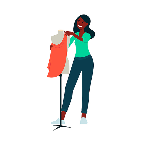 African-American woman standing near mannequin and attaching fabric to it cartoon style, vector illustration isolated on white background. Fashion designer making dress or another garment of clothes