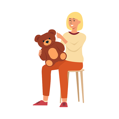 Woman sitting on chair and sewing children toy cartoon style, vector illustration isolated on white background. Female is holding needle and thread and crafting teddy-bear