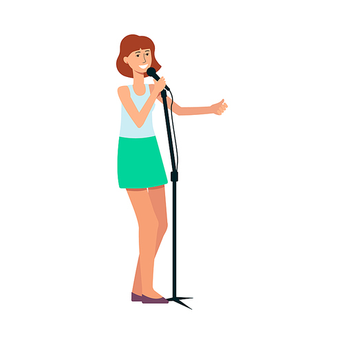 Woman standing and singing into a microphone cartoon style, vector illustration isolated on white background. Female singer is holding mic and practicing in vocal art