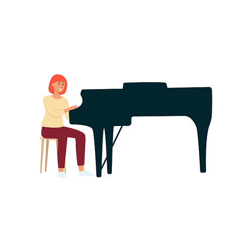 Woman sitting and playing a black grand piano cartoon style, vector illustration isolated on white background. Female pianist is practicing a musical instrument