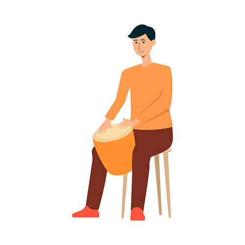 Man sitting on chair and playing on drum cartoon style, vector illustration isolated on white background. Male musician is holding tomtom between his legs and hitting by hands on it