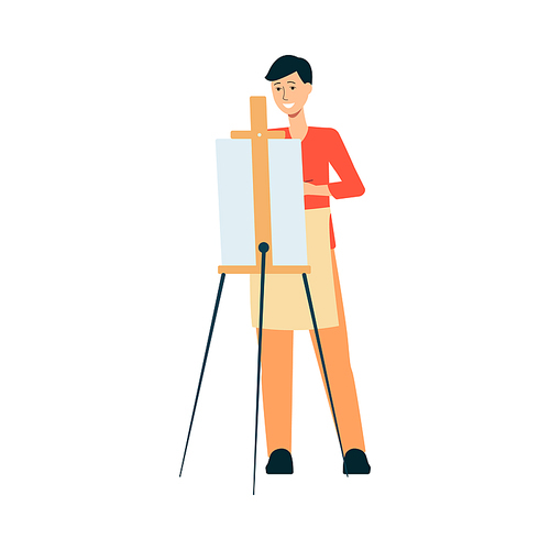 Man in apron standing behind easel and painting on canvas cartoon style, vector illustration isolated on white background. Male artist is holding a paintbrush or pencil and drawing