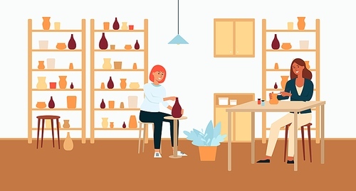 Women, brown haired and red, light and dark skinned work with ceramics, pottery and painting of dishes. Women potters and ceramists, creative profession, hobby and workplace, vector illustration.