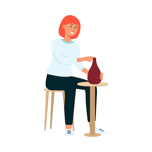 Woman is sitting on chair and crafting clay vase cartoon style, vector illustration isolated on white background. Female ceramist is making earthenware at potter's wheel