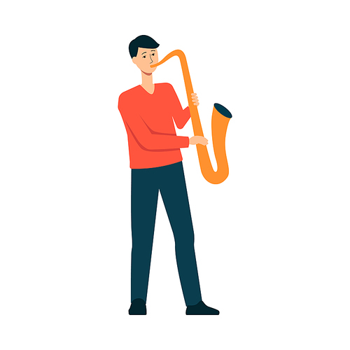 Man is playing saxophone cartoon style, vector illustration isolated on white background. Guy is standing and holding sax, male musician with instrument