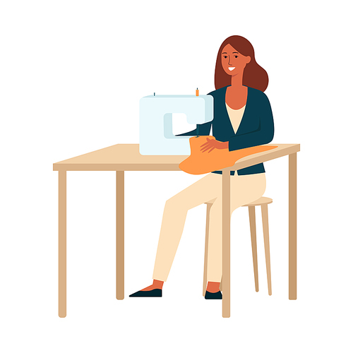 A dark brown haired woman sews, a dressmaker, seamstress, a clothes designer at work. Woman artist in a suit and sewing machine with a creative profession and hobby. Flat vector illustration.