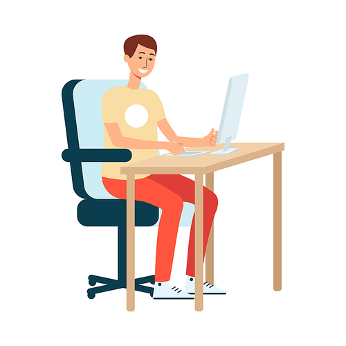 A young man brown haired artist and designer sits at a computer and draws on a graphic tablet. Male painter and designer at work, creative profession and hobby, isolated vector flat illustration.