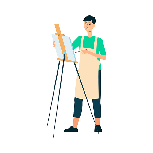 A man brunet painter and artist in an apron draws with a brush at the easel. Creative profession and hobby, isolated vector flat illustration.