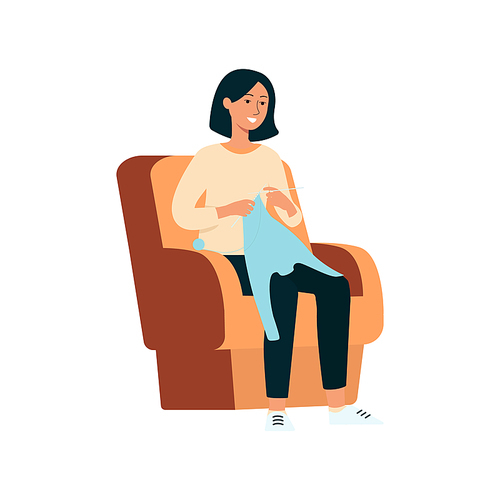 A young brunette woman sits on an armchair, smiles and knits a wool sweater with knitting needles. Woman artist and knitter at work, creative profession and hobby, isolated vector flat illustration.