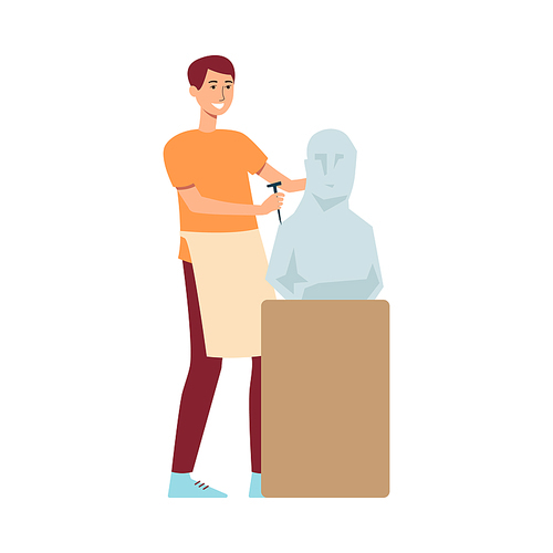 A young man brown haired sculptor in an apron creates a sculpture made of stone or plaster on a pedestal, a creative profession and hobby, isolated vector flat illustration.