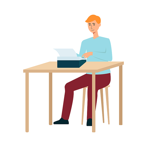 A red haired man writer in pants and a sweater is typing on a typewriter at the table. Creative profession and hobby, isolated vector flat illustration.