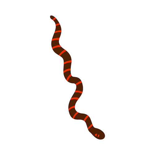 Brown and red striped snake drawing isolated in white background - flat cartoon reptile animal with red eye seen from top view. Simple vector illustration.