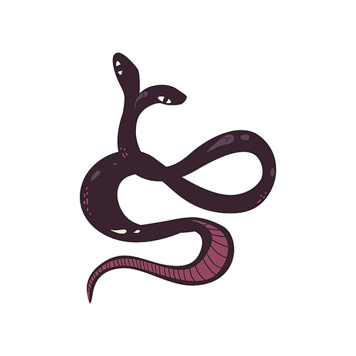 Two headed dark purple snake isolated on white background - hand drawn exotic serpent reptile with two heads seen from top view - vector illustration