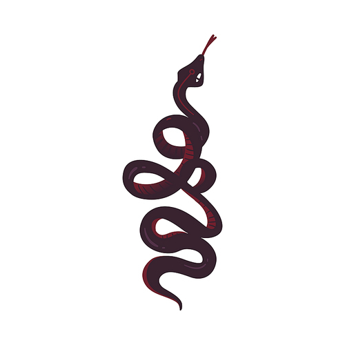 Dark purple and red dangerous snake hand drawn from top view, mysterious dangerous serpent with tongue out isolated on white background.