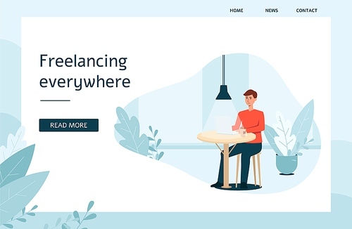 Web site template with man and laptop sitting at the table cartoon style, vector illustration on flat background. Banner about freelance work with place for text