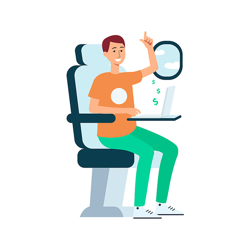 Man with laptop sitting in airplane near window cartoon style, vector illustration isolated on white background. Freelance guy traveling by plane and earns money working on computer