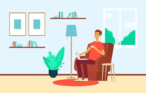 Man with laptop and cup sitting in chair at home cartoon style, vector illustration on flat interior background. Freelance guy works on computer in living room armchair